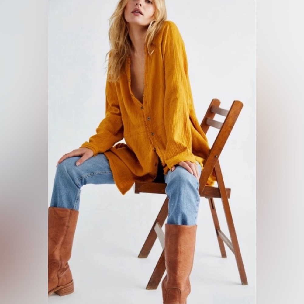 Free People Yellow Cotton Button Up Tunic